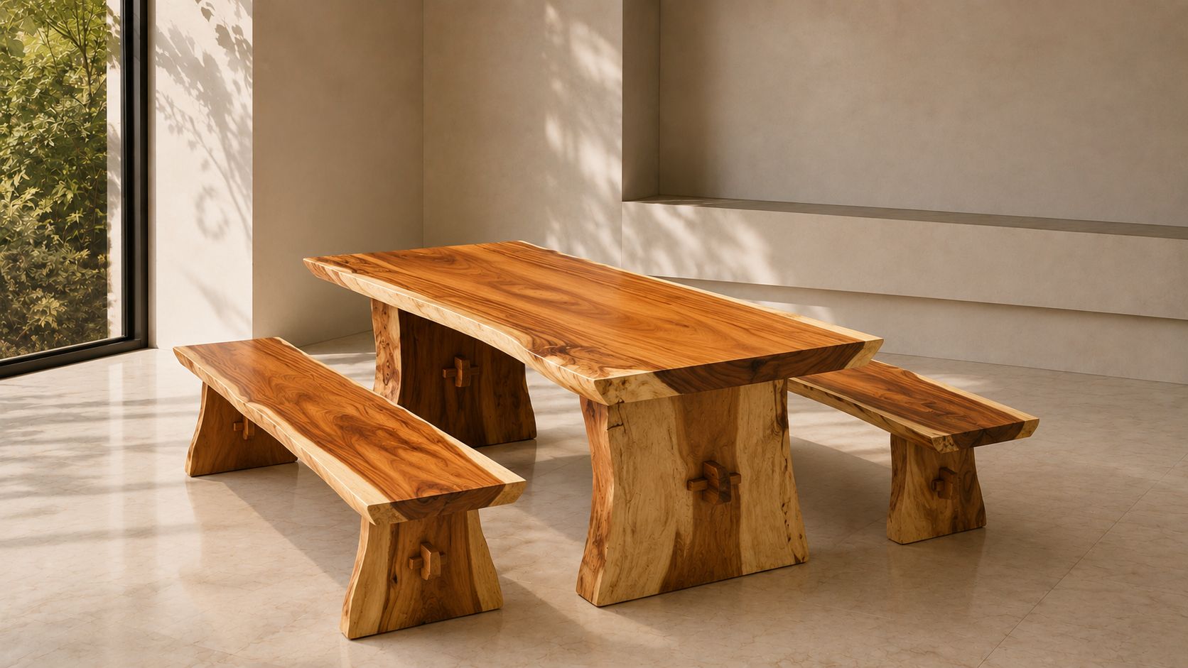 Meja makan solid kayu trembesi live edge dengan dua bangku panjang di ruang bercahaya alami