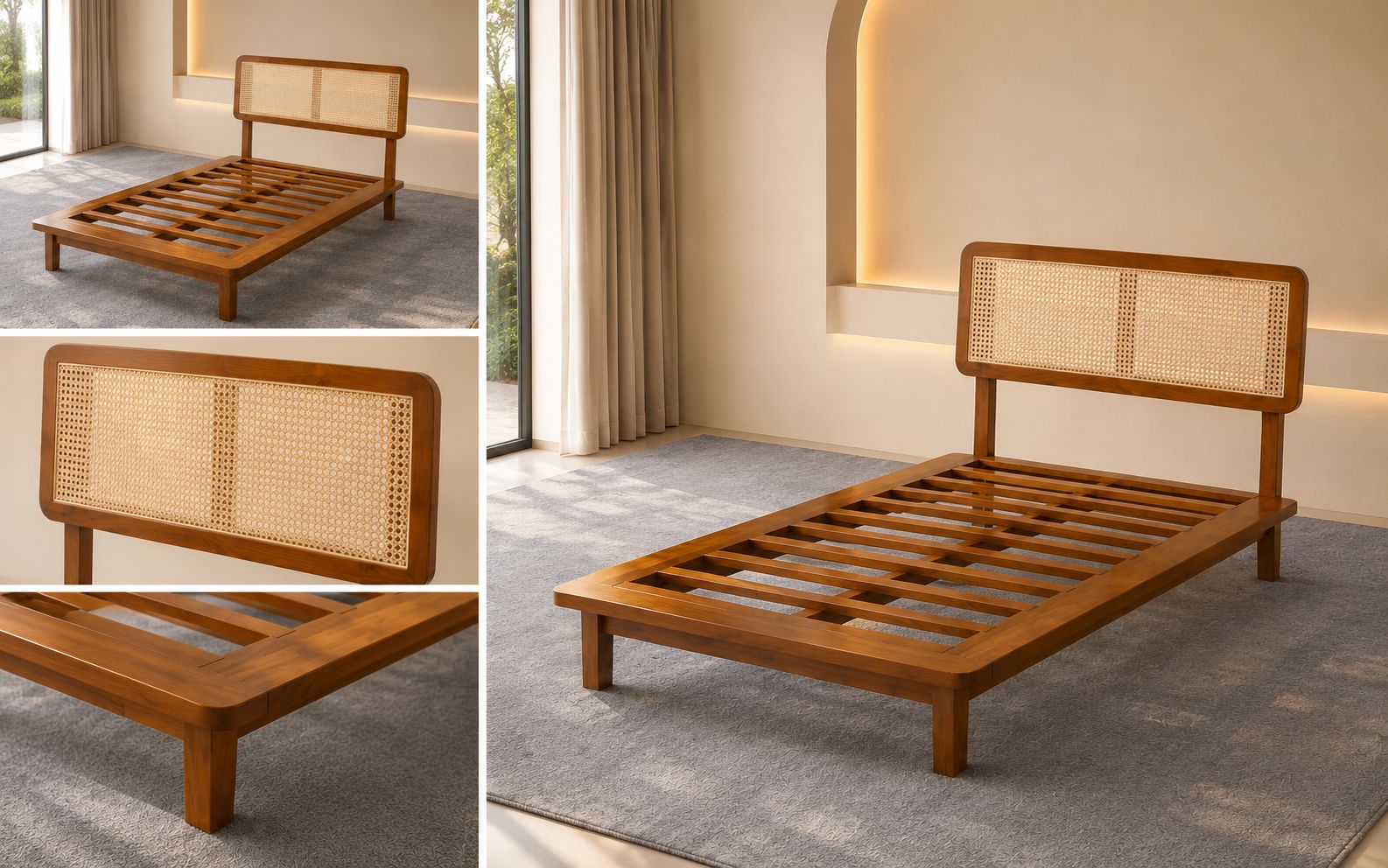 Ranjang kayu jati dengan sandaran anyaman rotan di kamar bercahaya alami