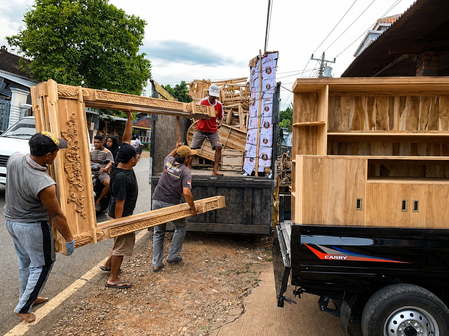 Tim pengrajin mengangkut panel ukir dan lemari jati untuk dimuat ke kendaraan di Jepara