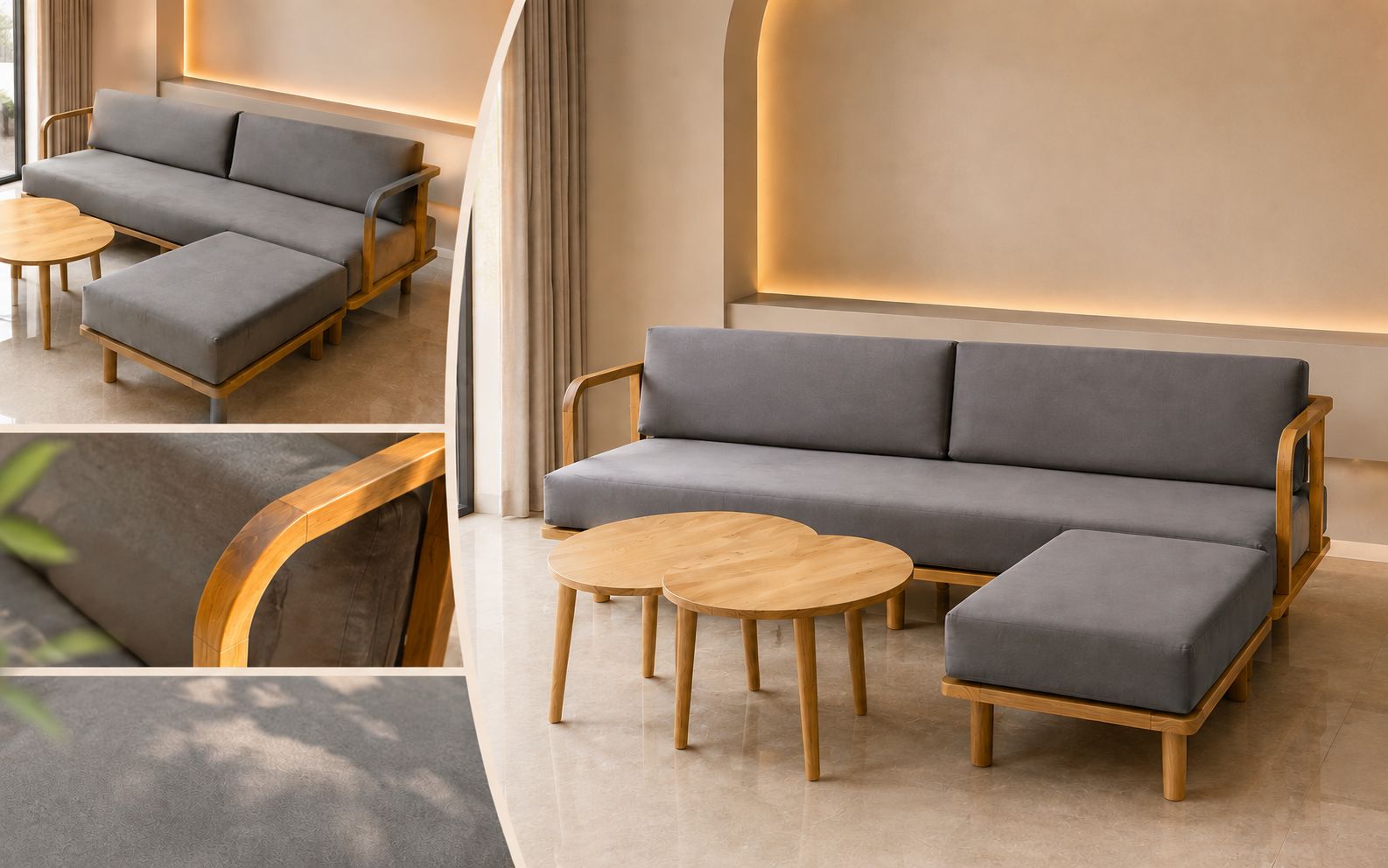 Sofa modular rangka kayu jati dengan dudukan kain abu-abu, ottoman, dan meja kopi bundar bertingkat